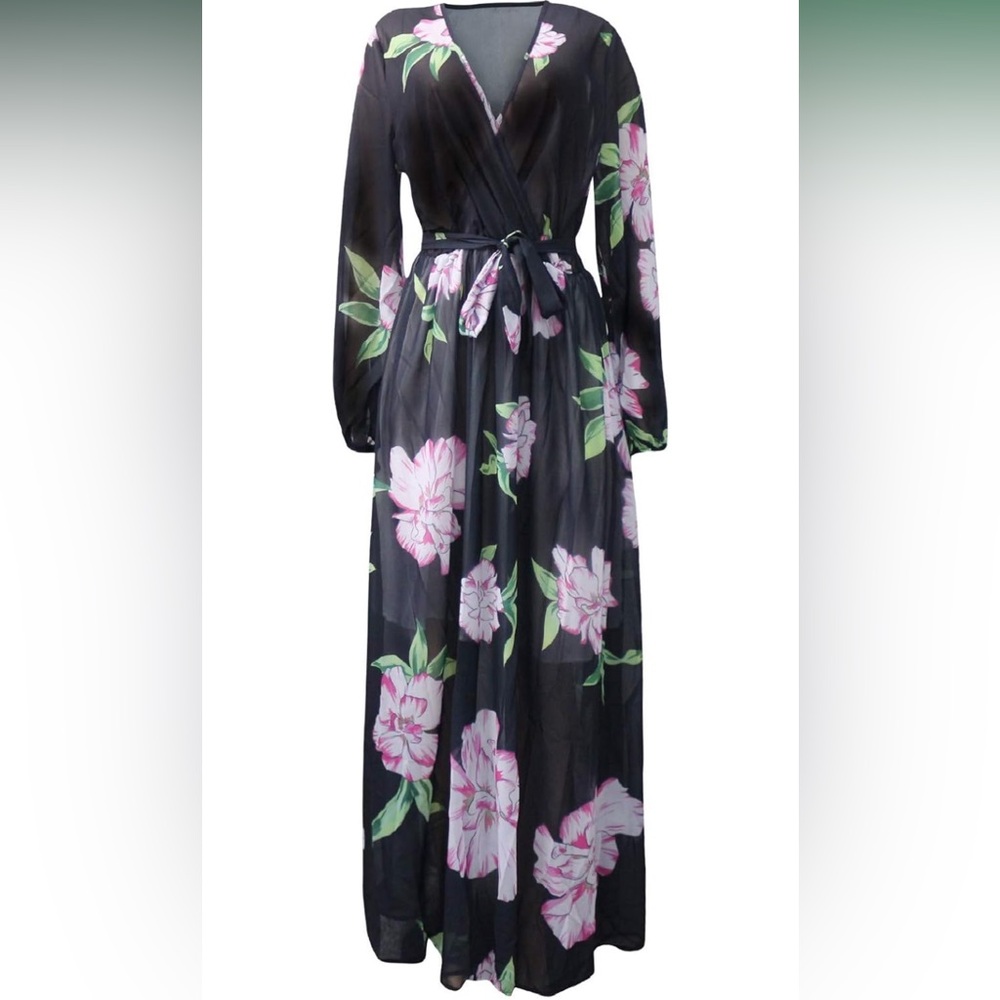 Woman’s black floral print long sleeve chiffon v-neck maxi dress size XL